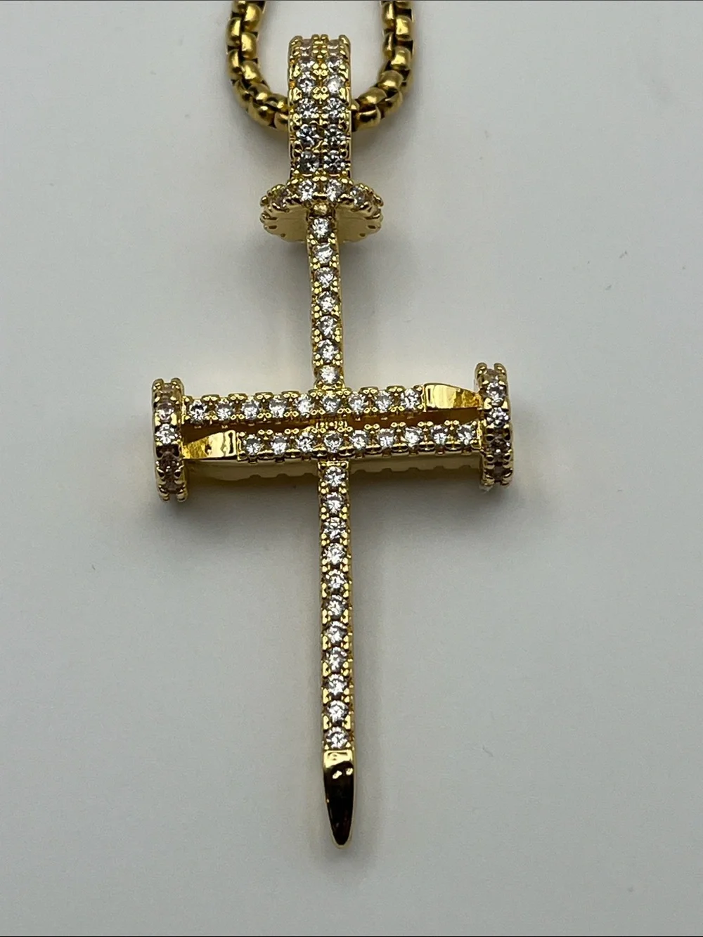 24”, Gold over Stainless Steel Crystal Nail Cross Pendant w/ Rollo Necklace